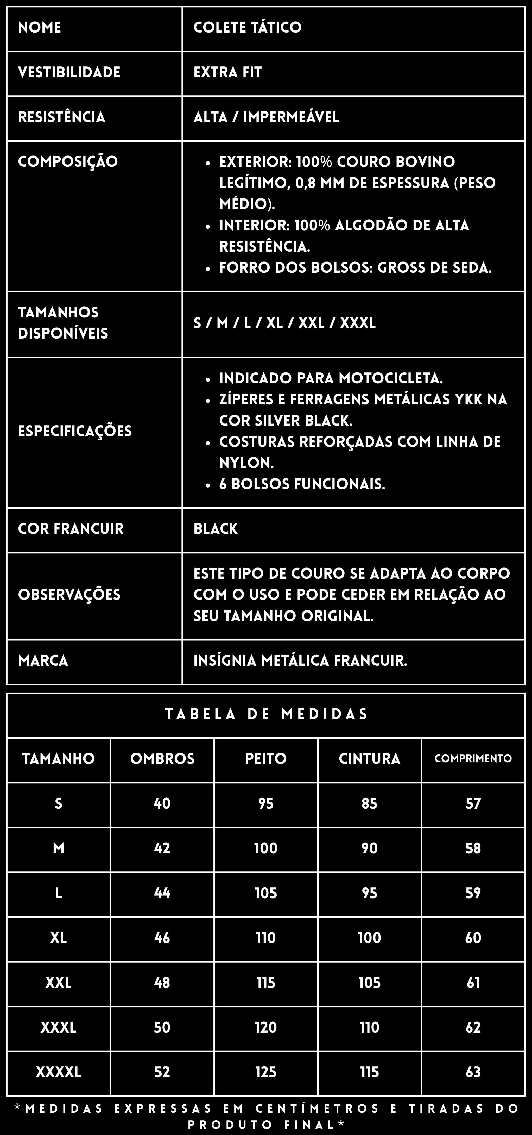 FICHA TÉCNICA — COLETE TÁTICO DE COURO FRANCUIR